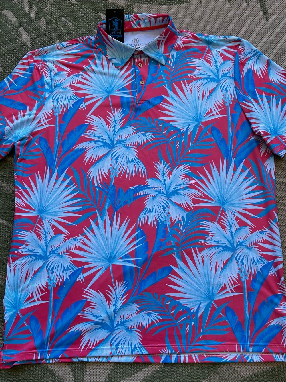 Scales Men’s Salmon Color with Blue Palm Design Polo 3XL NWT